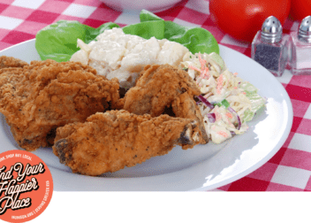 fried chicken on a picnic table with a red gingham tablecloth