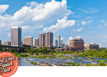 Richmond skyline along the James River in the sunshine